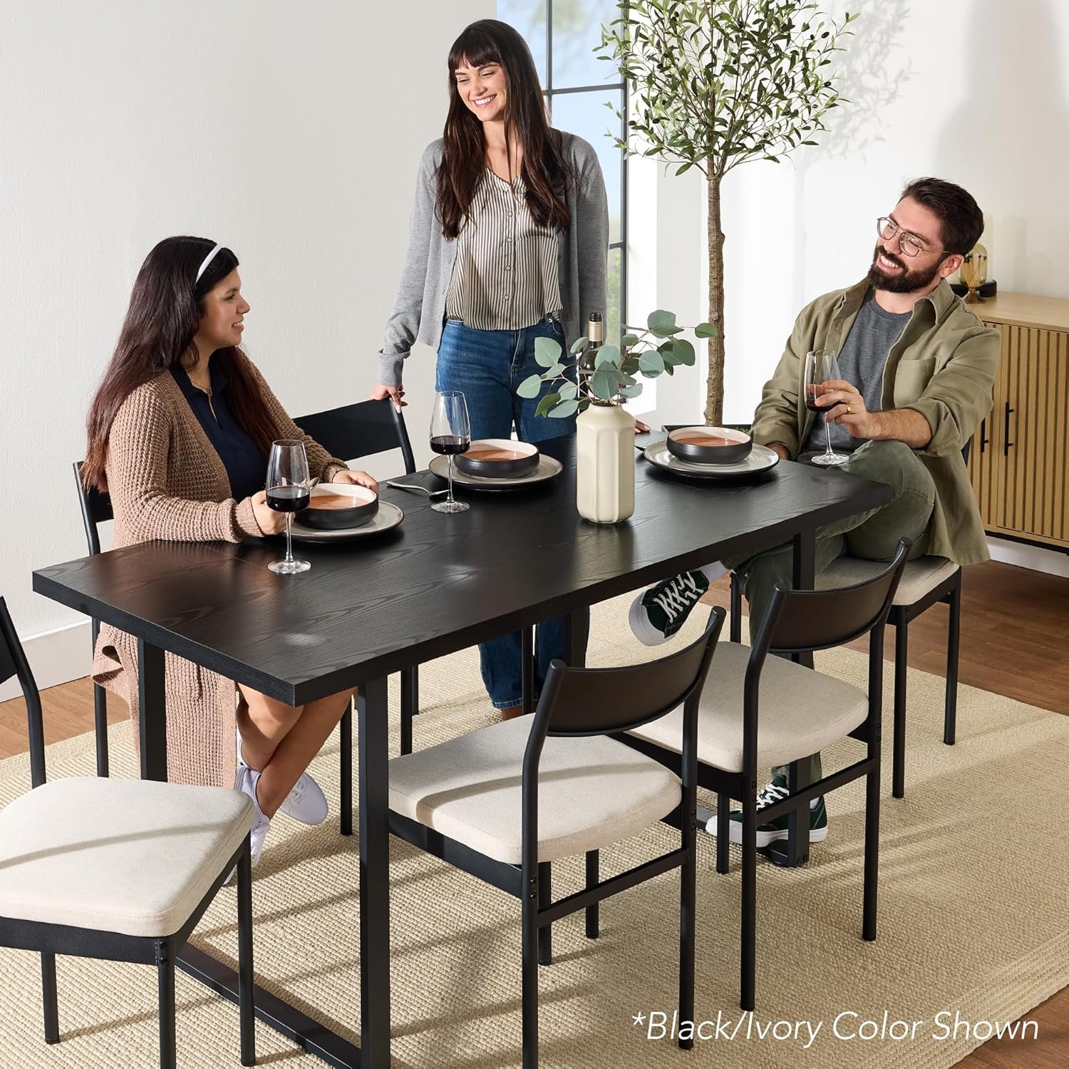 Best Choice Products 7-Piece Modern Dining Room Set, Kitchen Table Set, Dining Table w/ 6 Chairs, Upholstered Cushions, Solid Metal Frame, Curved Backrest - Black/Gray - Image 3