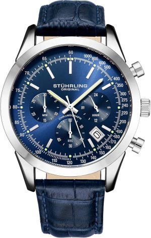 Stuhrling Original Mens Watches Chronograph Analog Blue Watch Dial with Date – Tachymeter 24-Hour Subdial Mens Blue Leather Strap – Watches for Men Rialto Collection