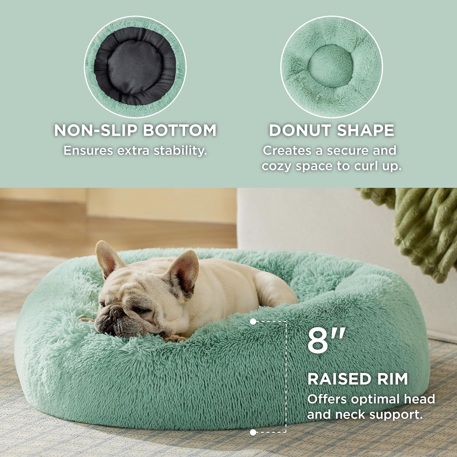Bedsure Calming Dog Bed for Medium Dogs - Donut Washable Medium Pet Bed, 30 inches Anti-Slip Round Fluffy Plush Faux Fur Cat Bed, Fits up to 45 lbs Pets, Apple Green - Image 3