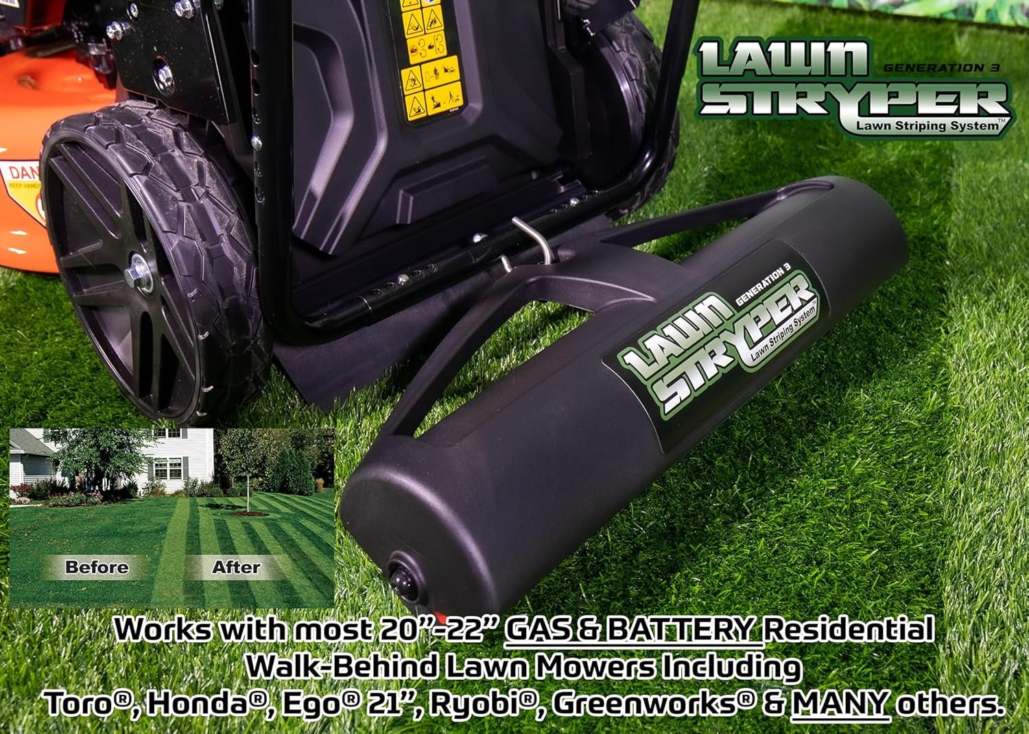 Lawn Striping System – UNIVERSAL FIT - Works with Most 20”-22” Gas & Battery Residential Walk-Behind Mowers (Mounting Brackets for over 40 Major Brands Included in Box – See List Below) - Image 2