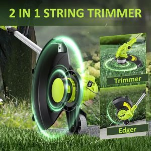 Electric String Trimmer Cordless with 2×2.0Ah Battery, 20V Battery Powered 12-inch Lawn Mover & Edger Lawn Tool with Charger, Powered Grass Trimmer with 8pcs Spool Line for Yard, Garden, Green