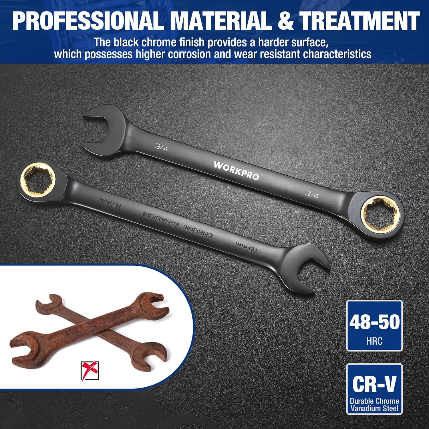 WORKPRO 22-Piece Ratcheting Wrench Set, Anti-slip Teeth, Ratchet Combination Wrench Sets with Organizer Box, Metric 6-18mm & SAE 1/4-3/4", Black Electrophoretic Coating - Image 5