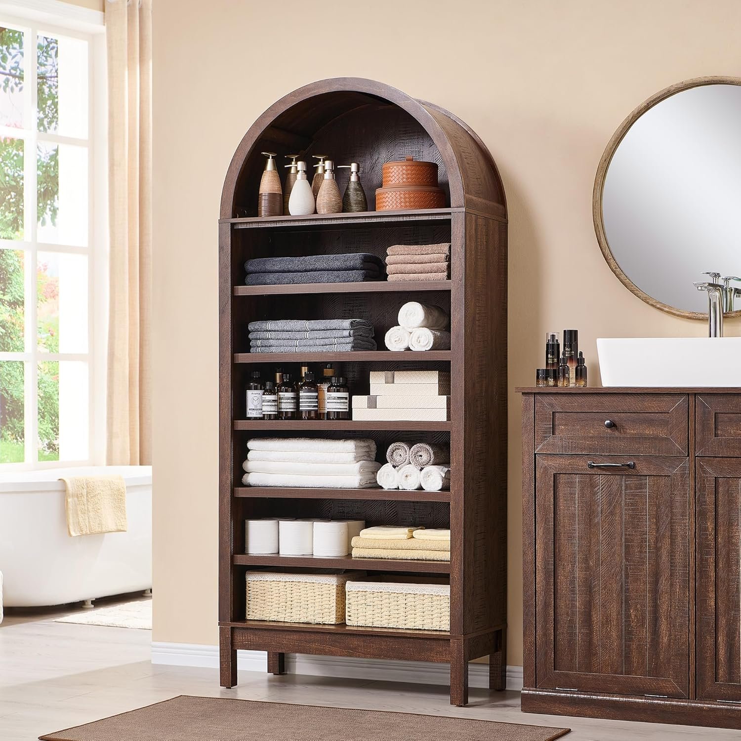 71" Tall Arched Bookshelf, 7 Tiers Arch Bookcase with Storage, Modern Farmhouse Book Shelf with Adjustable Shelves, Wood Bookshelf w/Open Display Shelves for Living Room, Office (Brown) - Image 6
