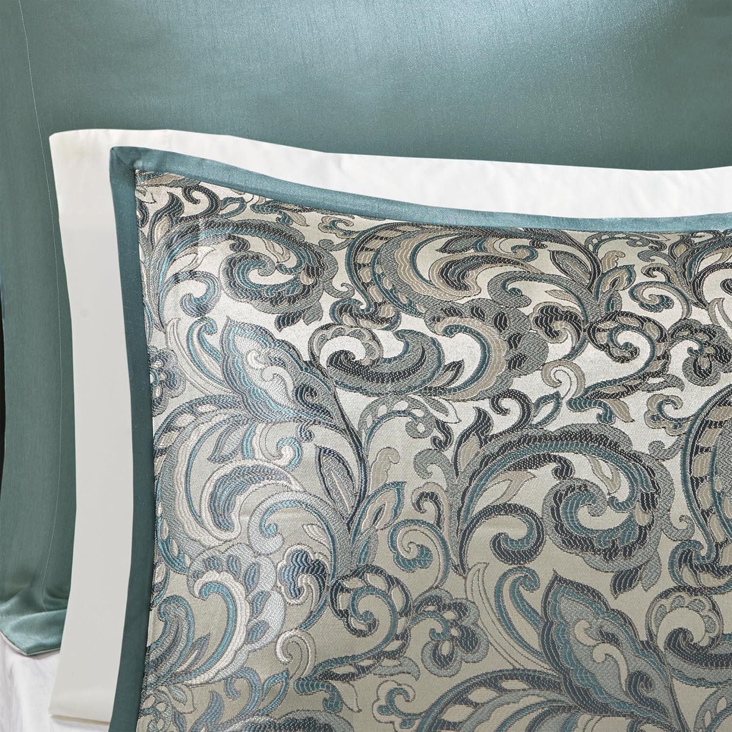 Madison Park Essentials Brystol 24 Piece Room in a Bag Faux Silk Comforter Jacquard Paisley Design Matching Curtains Down Alternative Hypoallergenic All Season Bedding-Set, King (104 in x 92 in), Teal - Image 3