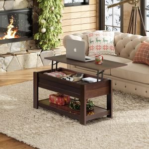 WLIVE Coffee Table, 39″ Lift Top Coffee Table with Hidden Compartment, Storage Shelf and Lifting Top for Home Living Room, Office and Bedroom, Red-Brown