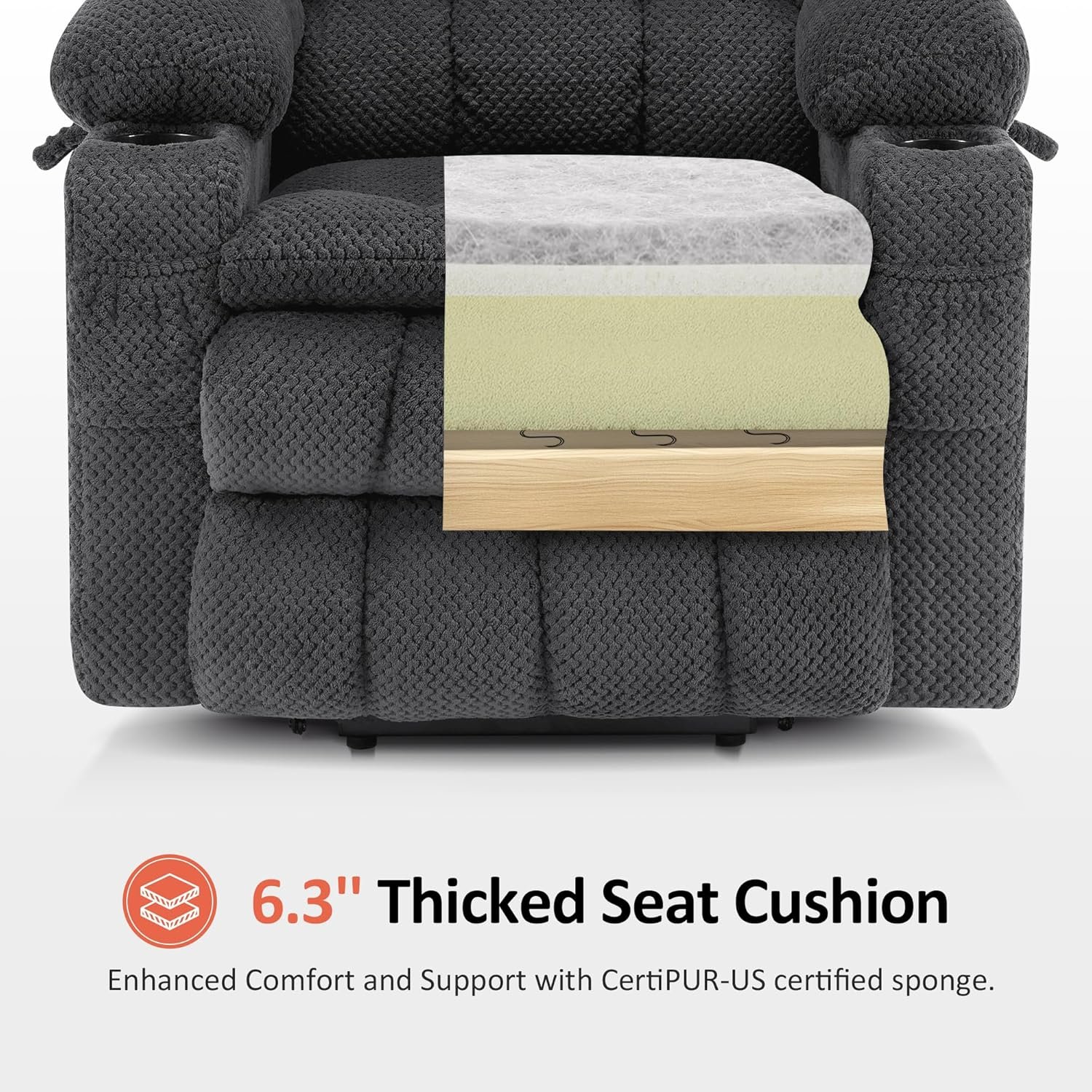 MCombo Dual Motor Power Lift Recliner Chair with Massage and Heat for Elderly People, Infinite Position, USB Ports, Cup Holders, Fabric 7890 (Medium, Dark Gray) - Image 9