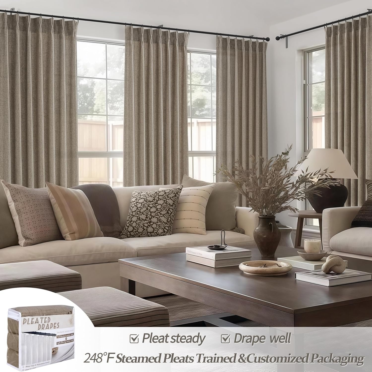Thick Linen Pinch Pleated Sheer Curtains 96 Inches Long 2 Panels Set for Living Room Bedroom, Memory Trained Pinch Pleat Dark Flax Boho Drape Light Filtering Privacy Sliding Glass Door Burg 8ft Length - Image 6