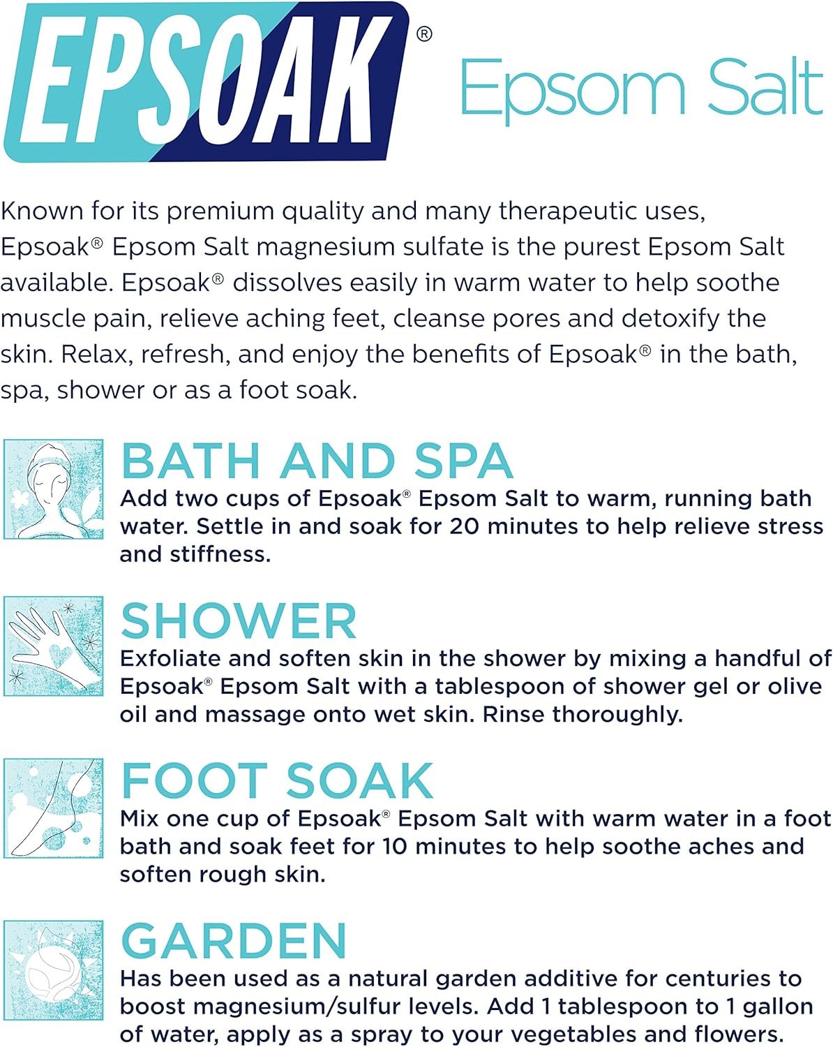 Epsoak Epsom Salt 38 lb. Magnesium Sulfate USP. (Qty. 2 x 19lb. Bags) Resealable Epsom Salt Bulk Bags Unscented, Made in The USA, Cruelty-Free Certified - Image 7