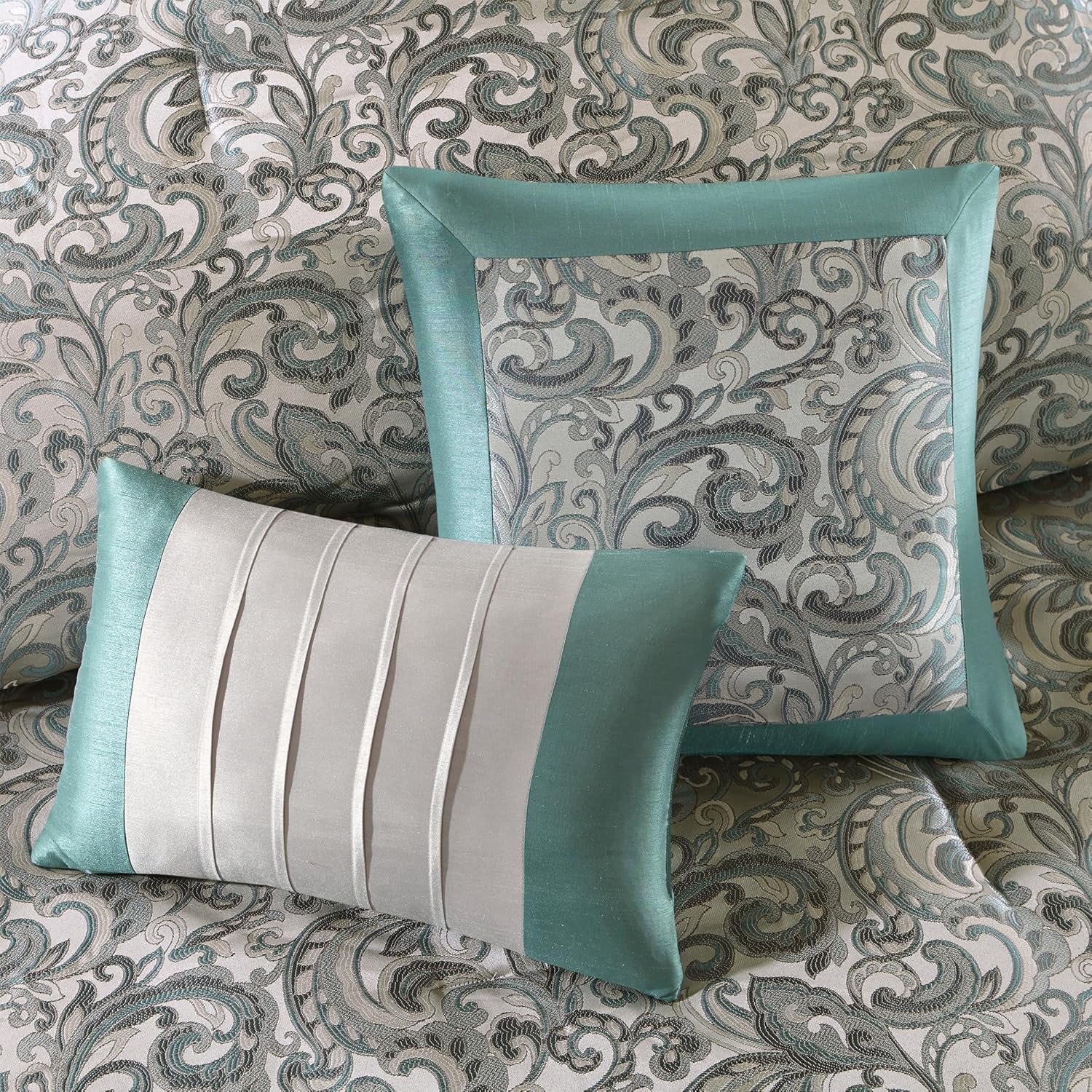 Madison Park Essentials Brystol 24 Piece Room in a Bag Faux Silk Comforter Jacquard Paisley Design Matching Curtains Down Alternative Hypoallergenic All Season Bedding-Set, King (104 in x 92 in), Teal - Image 5
