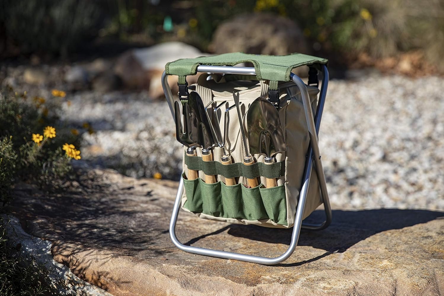 ONIVA - a Picnic Time brand Gardener Folding Seat With Tools, Garden Stool With Detachable Storage Tote Bag, Portable Chair Seat With Garden Tools Set Organizer, (Olive Green With Beige Accents) - Image 2