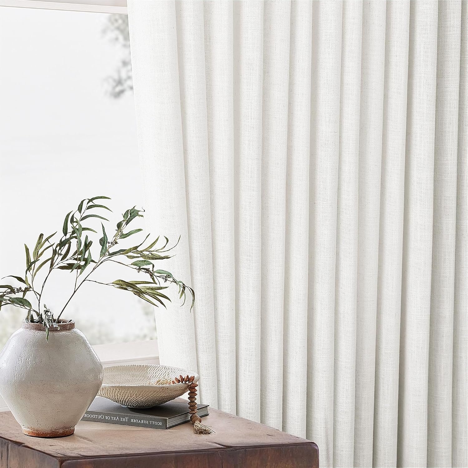 Beige White Linen Curtains Pinch Pleated 84 Inches Long for Living Room Bedroom Pleat with Rings Back Tab Semi Sheer Curtains 84 Inch Length 2 Panels Set Light Filtering Farmhouse Drapes - Image 8