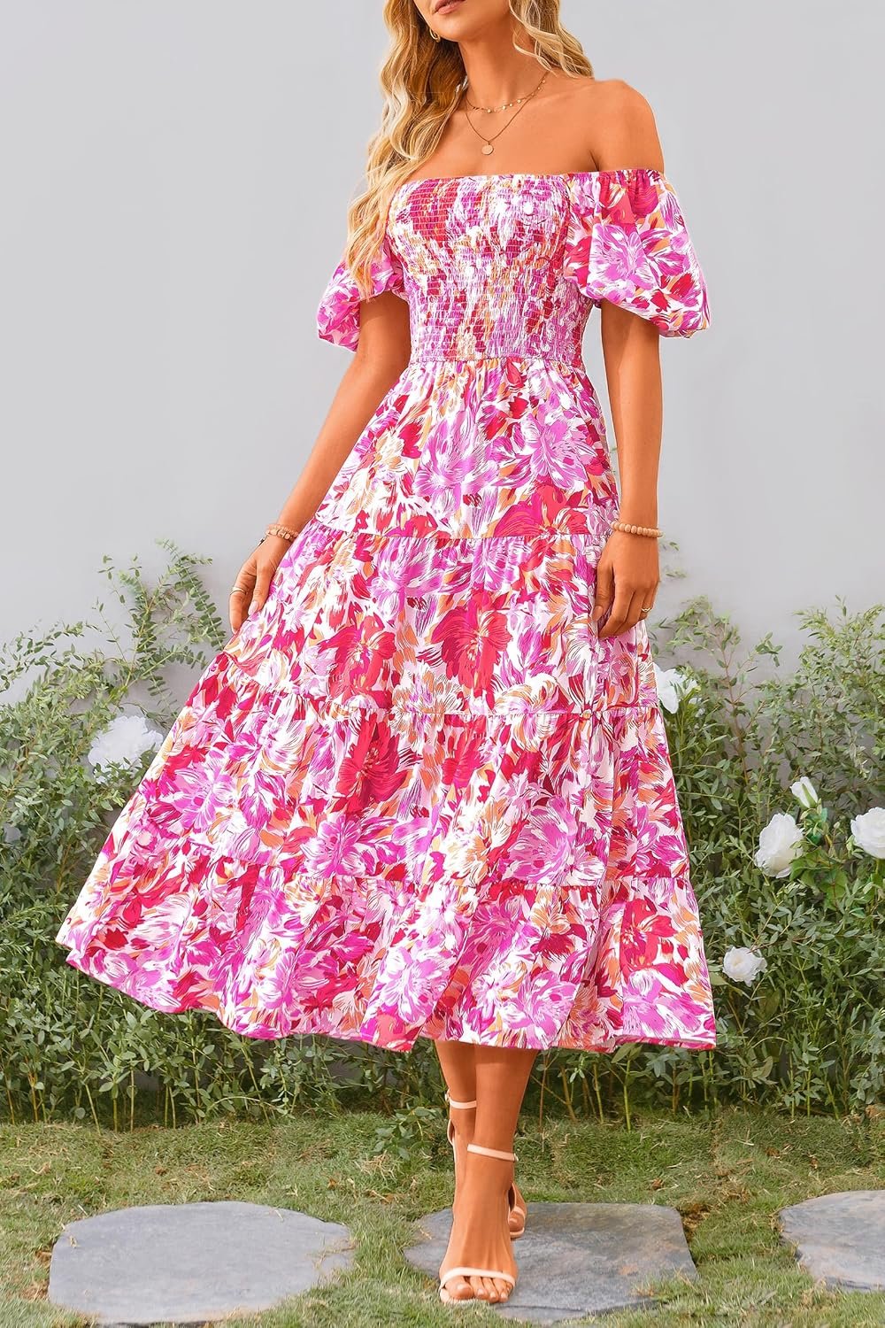 PRETTYGARDEN Women's Casual Summer Midi Dress Puffy Short Sleeve Square Neck Smocked Tiered Ruffle Dresses - Image 6