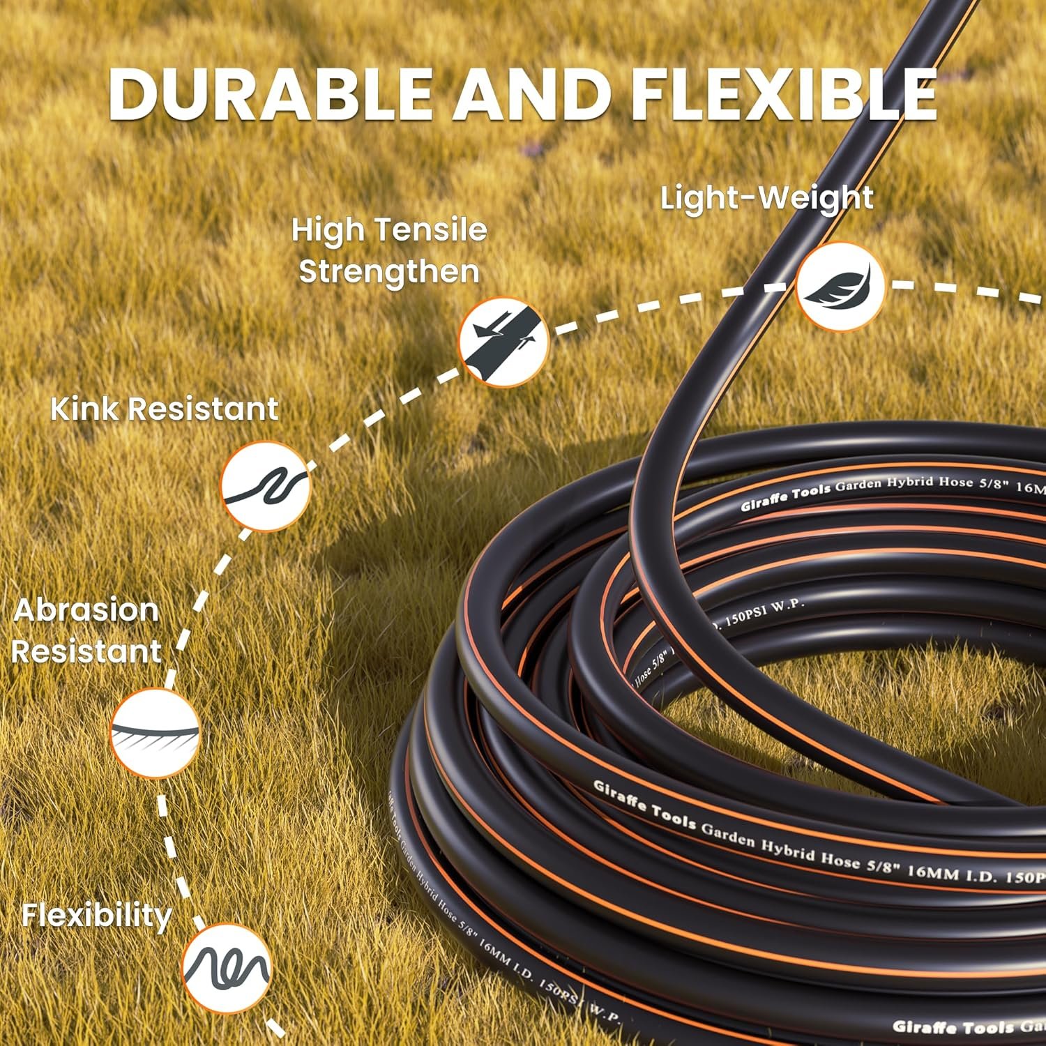 Giraffe Tools Garden Hose 100ft x 5/8", Water Hose Heavy Duty, Flexible, Lightweight Hybrid Hose with Swivel Handle, Male to Female Fittings, Burst 600 PSI - Image 2