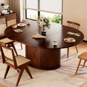 Extendable Round/Oval Dining Table Seats 4-6-8, 63″ Modern Farmhouse Design with 2-Tier Storage & Fluted Slide Door, Dining Room Kitchen Furniture (Walnut, 63 inches)