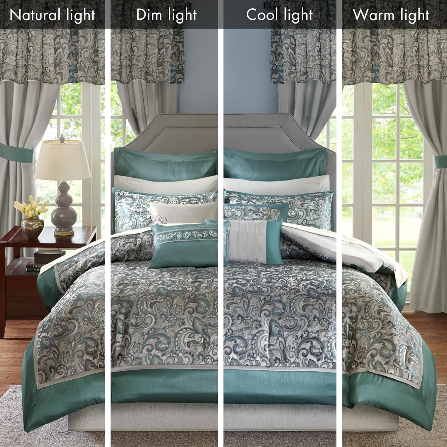 Madison Park Essentials Brystol 24 Piece Room in a Bag Faux Silk Comforter Jacquard Paisley Design Matching Curtains Down Alternative Hypoallergenic All Season Bedding-Set, King (104 in x 92 in), Teal - Image 2