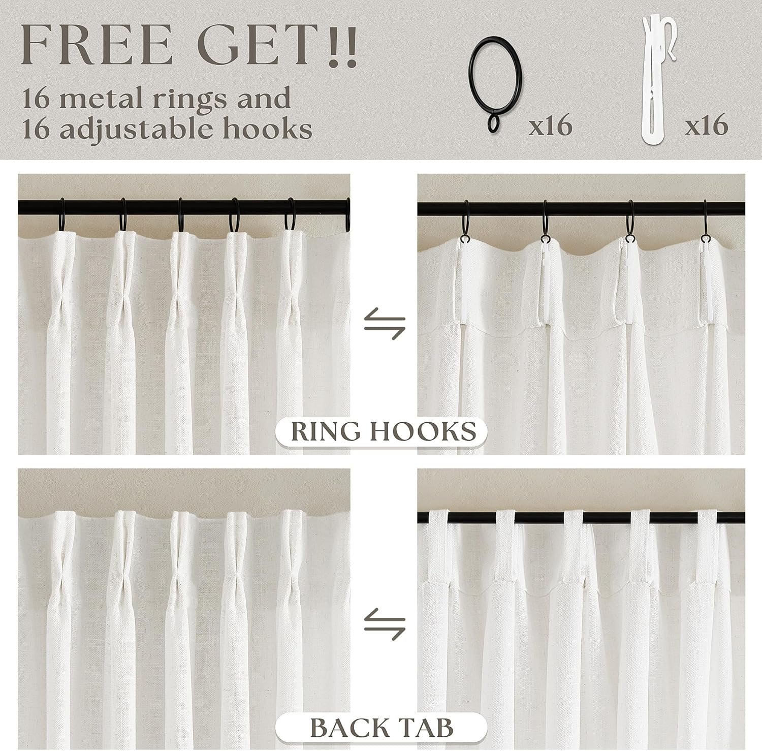 Beige White Linen Curtains Pinch Pleated 84 Inches Long for Living Room Bedroom Pleat with Rings Back Tab Semi Sheer Curtains 84 Inch Length 2 Panels Set Light Filtering Farmhouse Drapes - Image 5
