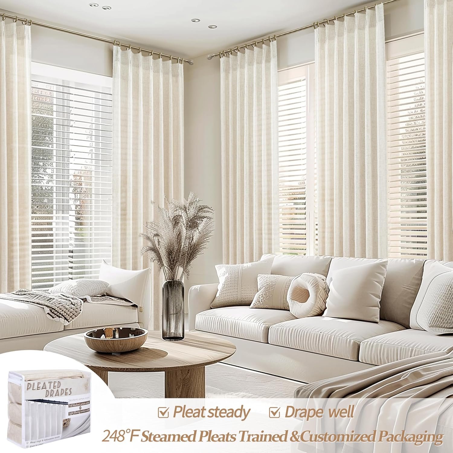 86 Inch Curtains 2 Panels Set, Elegant Farmhouse Cream Beige Thick Linen Light Filtering Sunroom Semi Sheer Curtains Back Tab for Bedroom Decor (40" W x 86" L Pinch Pleated Hooks&Rings) - Image 5