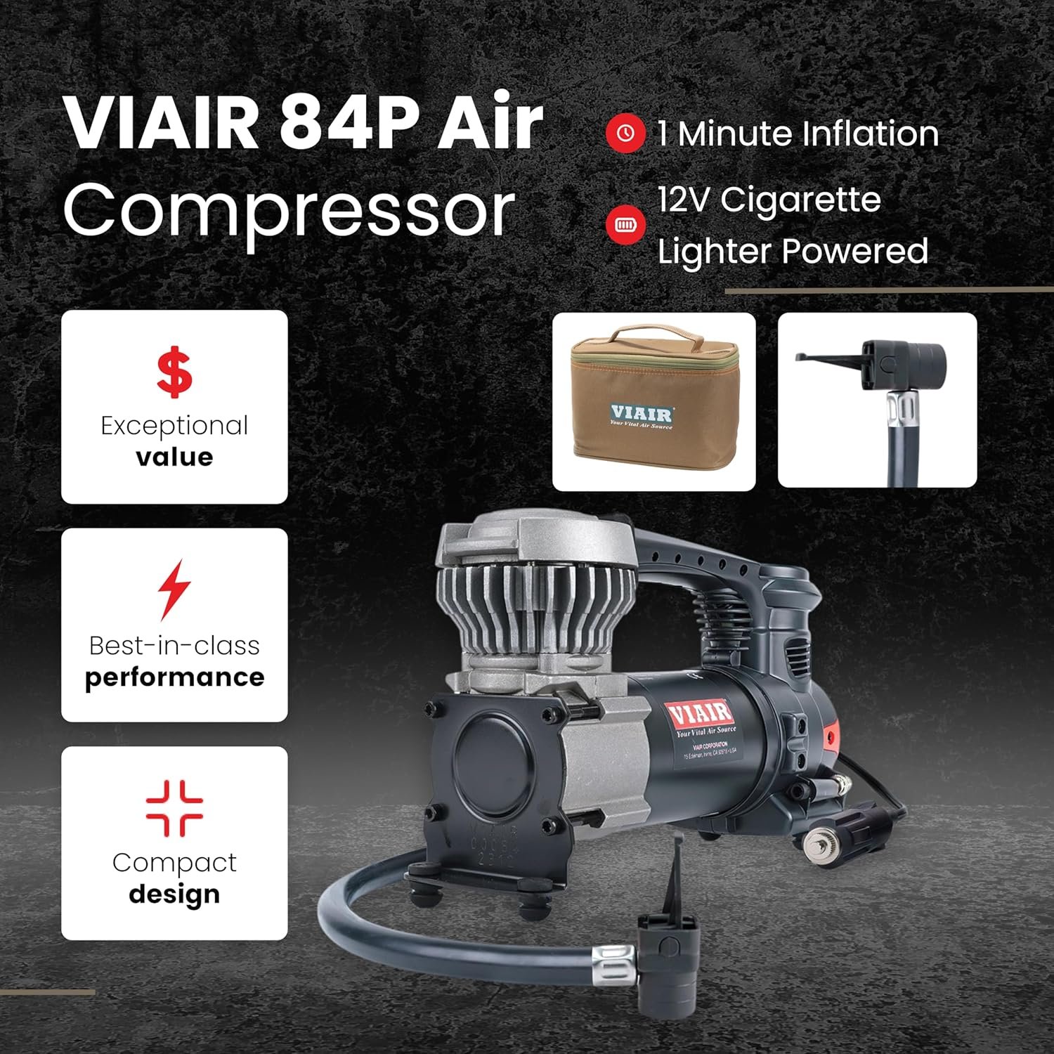 VIAIR 85P - 00085 Tire Inflator Portable Air Compressor for Car, Truck & SUV 12V On/Offroad Tire Pump Air Compressor Portable Heavy Duty 60 PSI, Cigarette Plug, Twist Chuck - Image 2