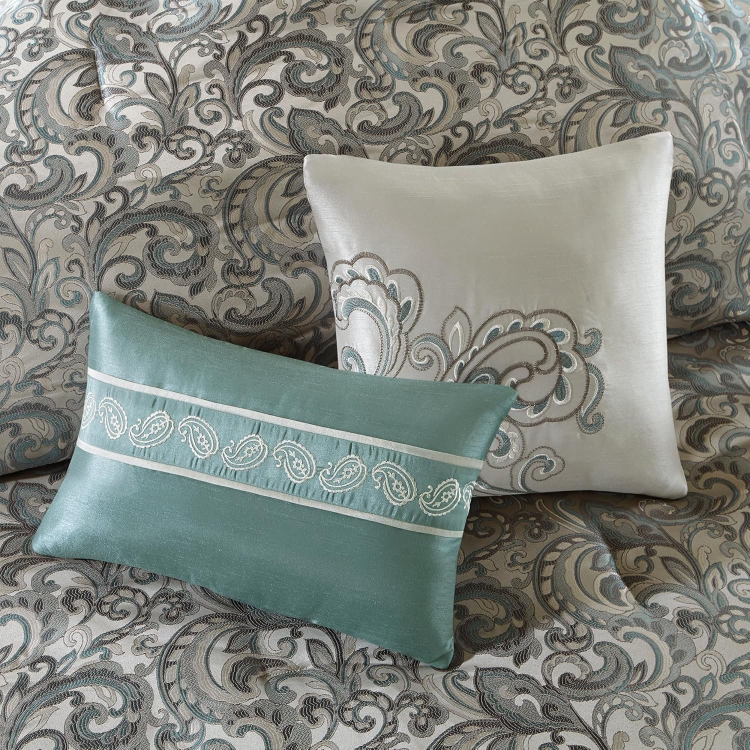 Madison Park Essentials Brystol 24 Piece Room in a Bag Faux Silk Comforter Jacquard Paisley Design Matching Curtains Down Alternative Hypoallergenic All Season Bedding-Set, King (104 in x 92 in), Teal - Image 8