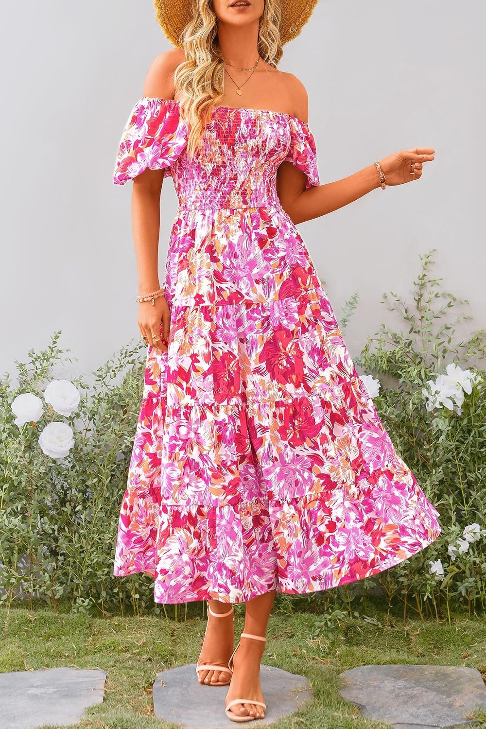 PRETTYGARDEN Women's Casual Summer Midi Dress Puffy Short Sleeve Square Neck Smocked Tiered Ruffle Dresses - Image 5