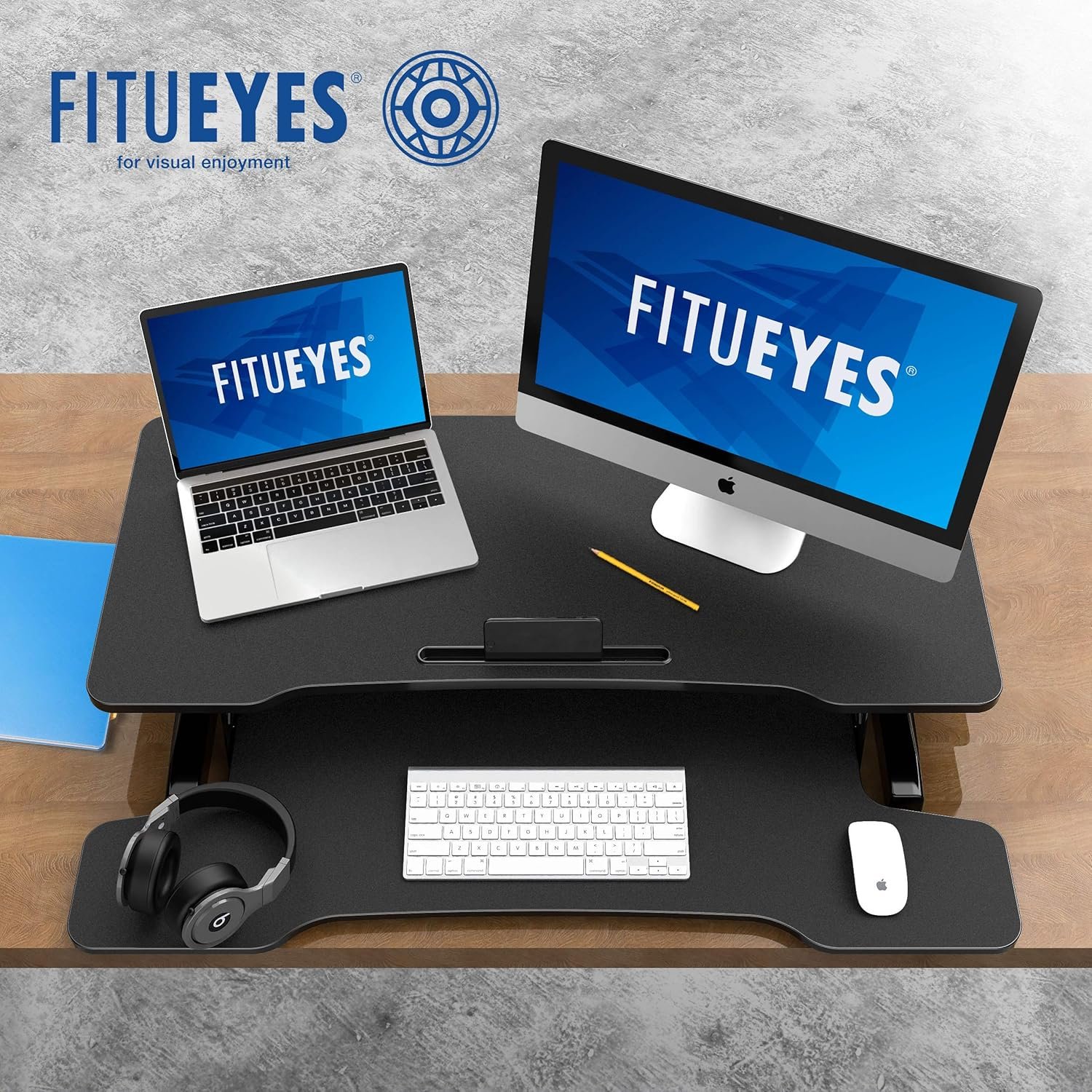 FITUEYES Height Adjustable Standing Desk 36” Wide Sit to Stand Converter Stand Up Desk Tabletop Workstation for Laptops Dual Monitor Riser Black SD309101WB - Image 3