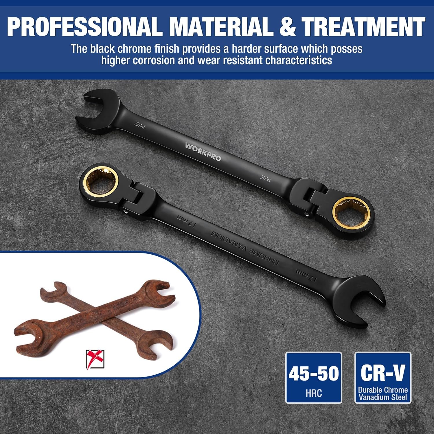 WORKPRO 22-piece Ratcheting Wrench Set with 180° Flex Head, Anti-Slip Tooth, Combination Wrench Sets with Organizer Box, Metric 6-18mm & SAE 1/4-3/4", Black Electrophoretic Coating - Image 3