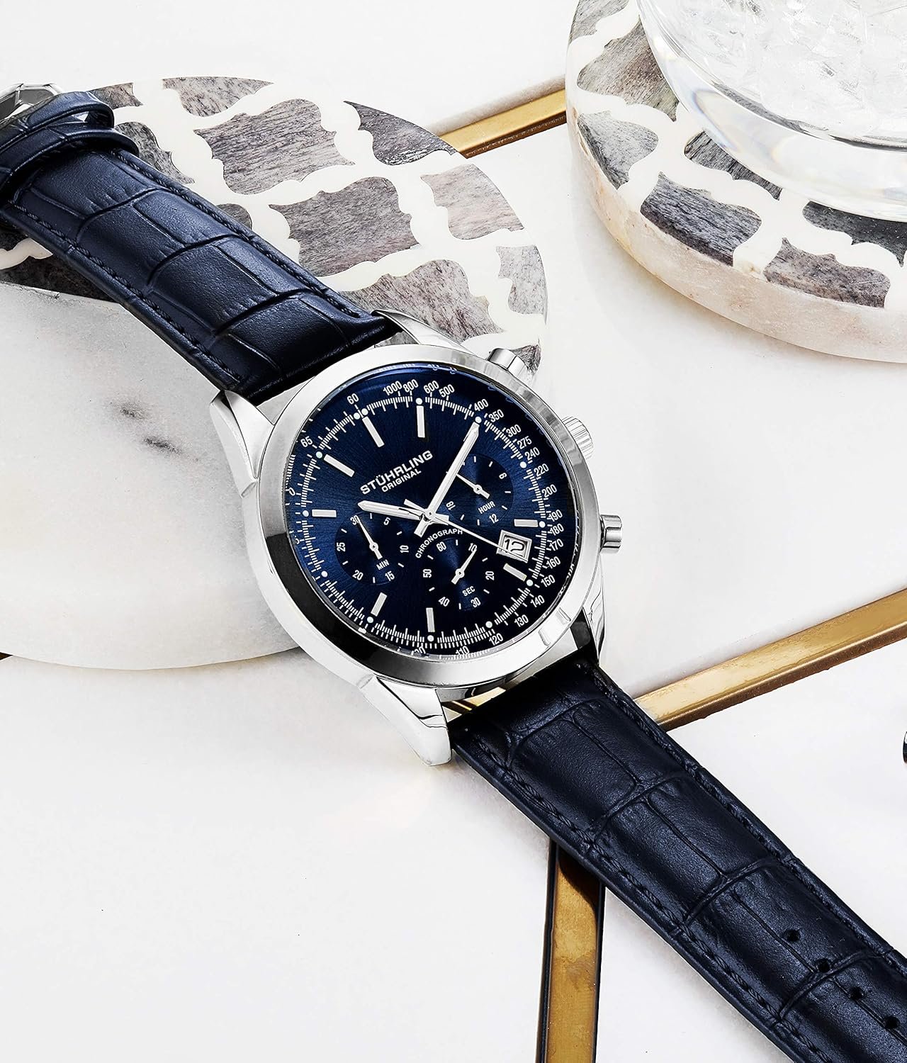 Stuhrling Original Mens Watches Chronograph Analog Blue Watch Dial with Date - Tachymeter 24-Hour Subdial Mens Blue Leather Strap - Watches for Men Rialto Collection - Image 5