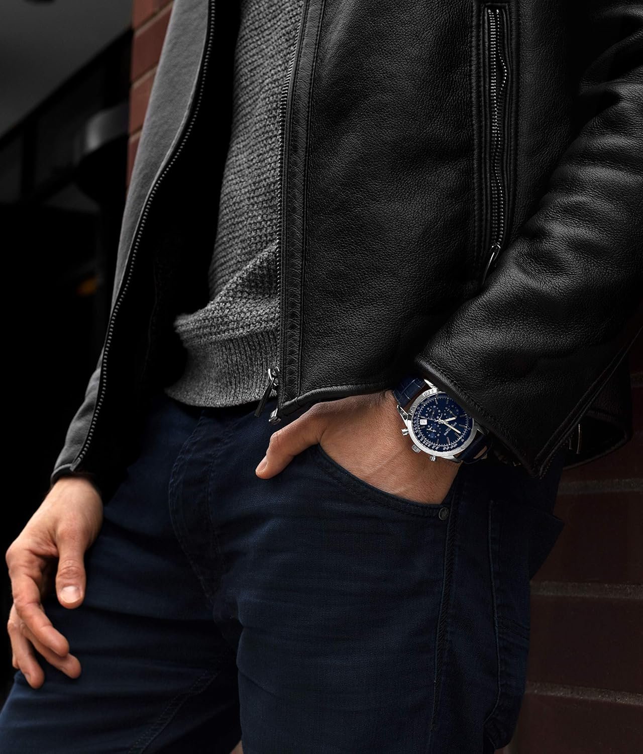 Stuhrling Original Mens Watches Chronograph Analog Blue Watch Dial with Date - Tachymeter 24-Hour Subdial Mens Blue Leather Strap - Watches for Men Rialto Collection - Image 2