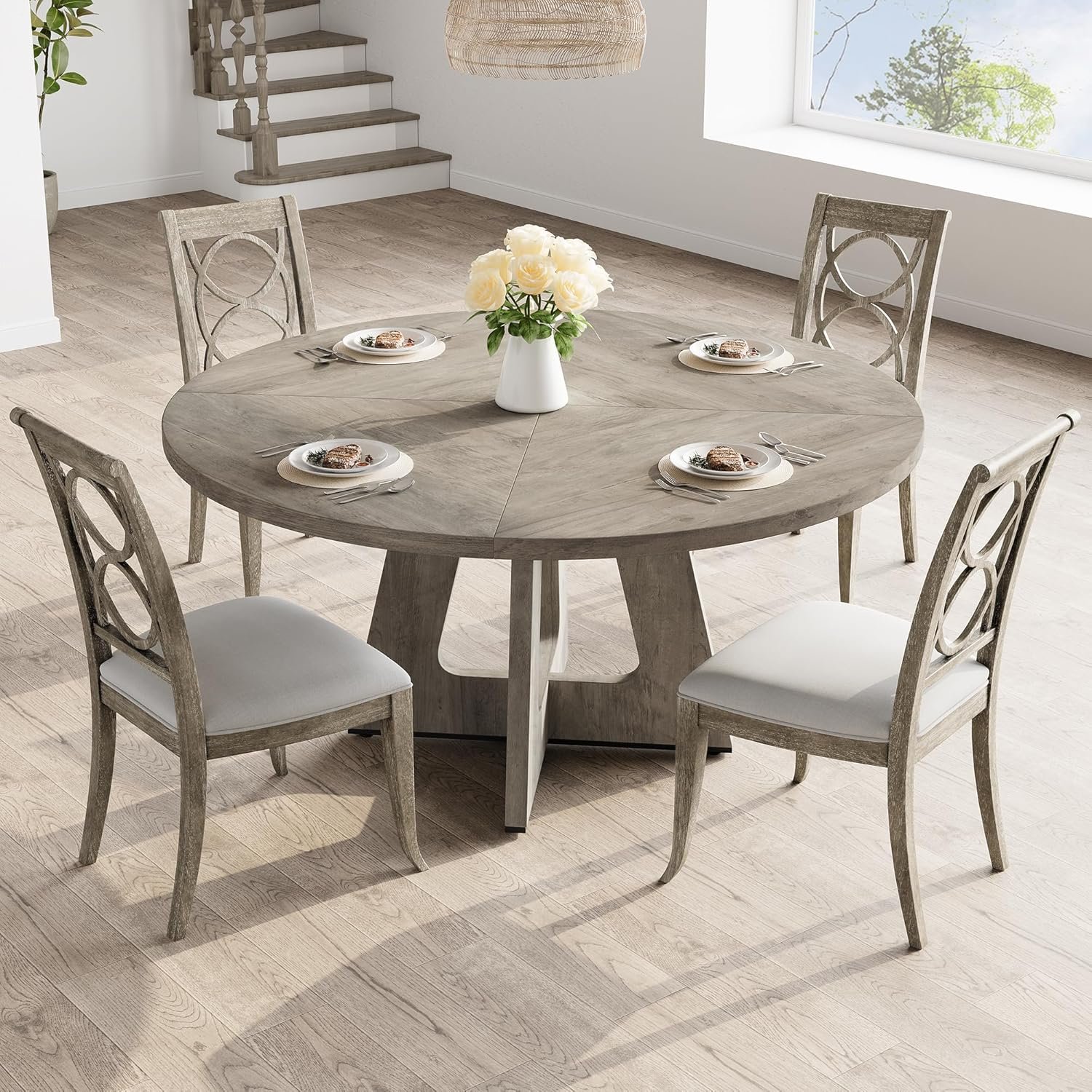 GarveeHome 47 in Round Large Dining Table Set for 4 to 6, Farmhouse Dinner Table with Wooden Top and Legs for Home Dining Room or Living Room - Grey(No Chairs) - Image 2