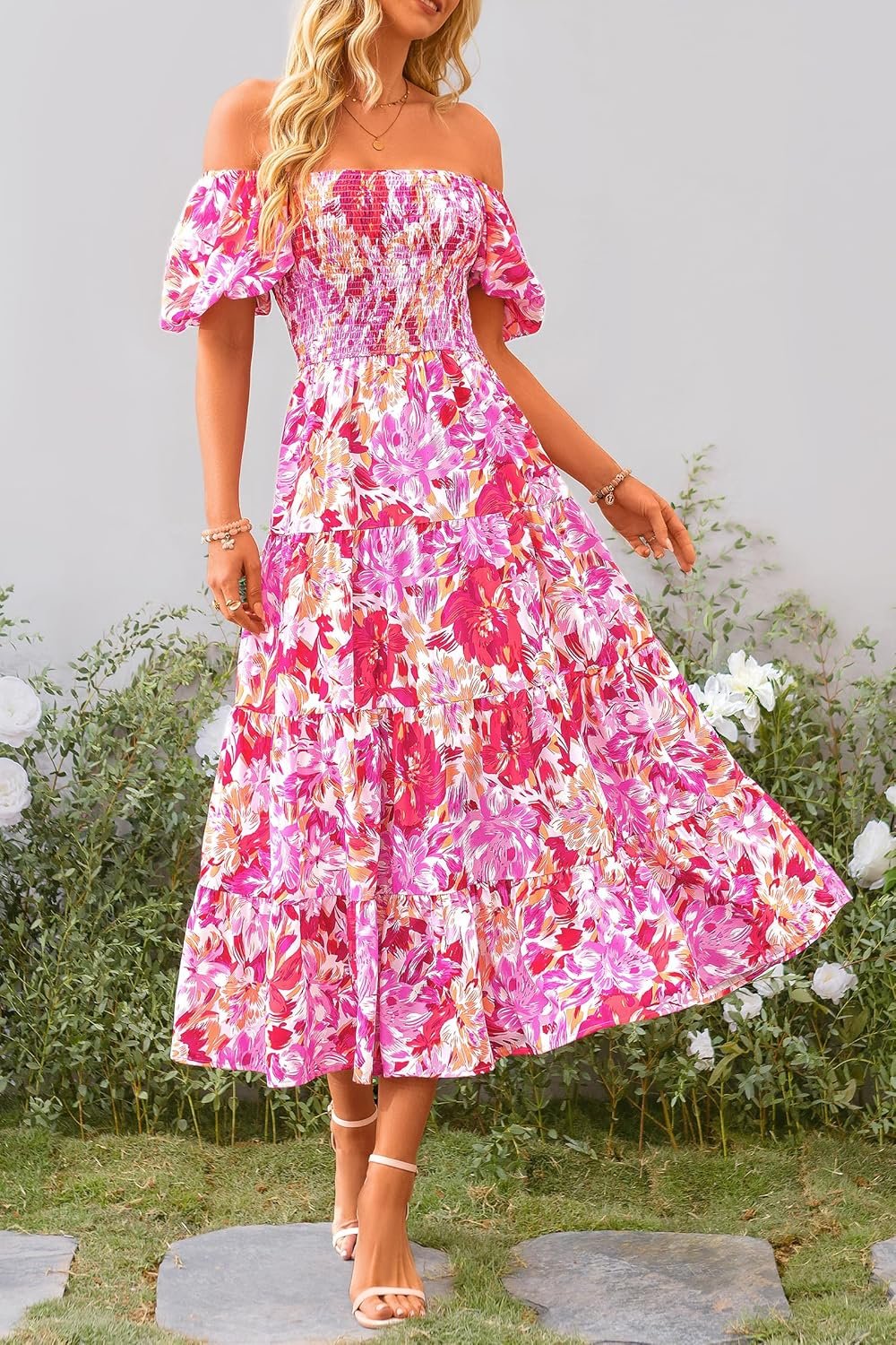 PRETTYGARDEN Women's Casual Summer Midi Dress Puffy Short Sleeve Square Neck Smocked Tiered Ruffle Dresses - Image 3