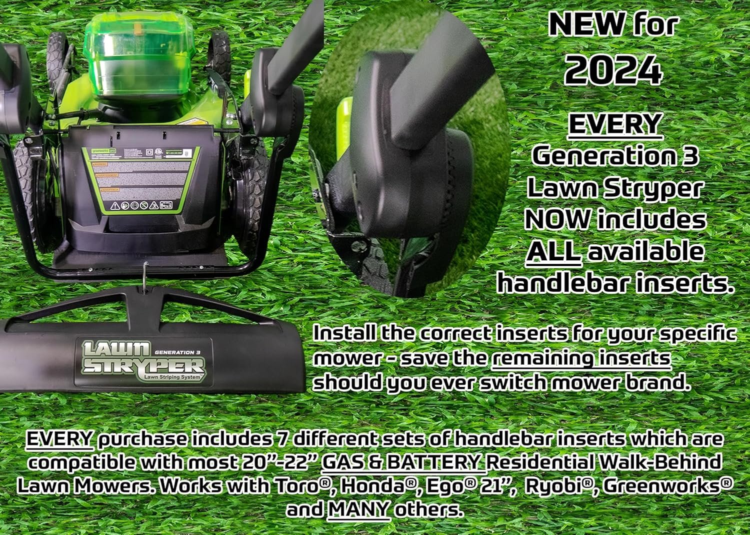 Lawn Striping System – UNIVERSAL FIT - Works with Most 20”-22” Gas & Battery Residential Walk-Behind Mowers (Mounting Brackets for over 40 Major Brands Included in Box – See List Below) - Image 3