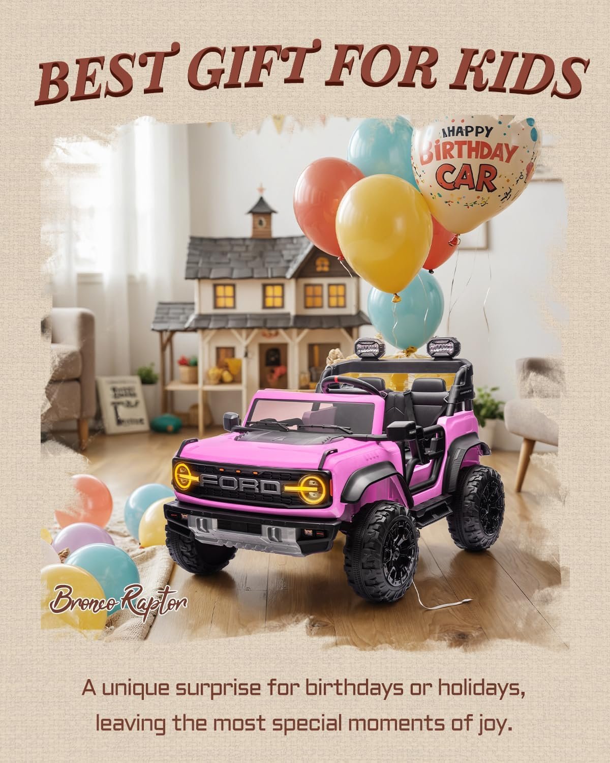 First Ride On 24V Ride on Toys for Big Kids, Licensed Ford Bronco Raptor 2 Seater Ride on Cars with Remote Control, Ride on Truck w/ 4-Wheeler Suspension, 3 Speeds, Led Lights, Bluetooth (24V, Pink) - Image 4