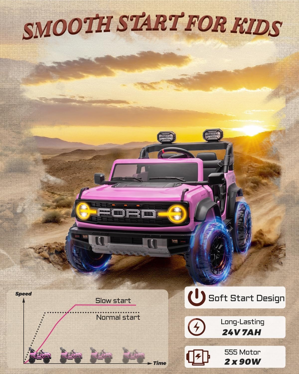 First Ride On 24V Ride on Toys for Big Kids, Licensed Ford Bronco Raptor 2 Seater Ride on Cars with Remote Control, Ride on Truck w/ 4-Wheeler Suspension, 3 Speeds, Led Lights, Bluetooth (24V, Pink) - Image 8