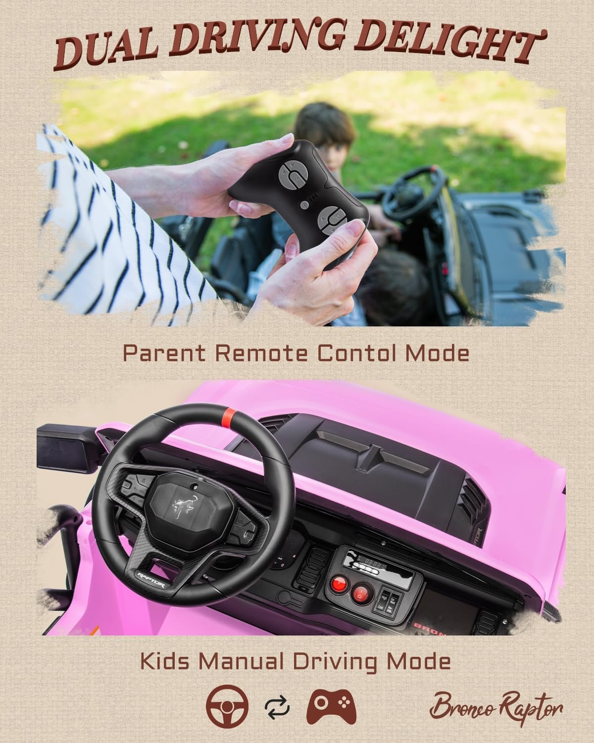 First Ride On 24V Ride on Toys for Big Kids, Licensed Ford Bronco Raptor 2 Seater Ride on Cars with Remote Control, Ride on Truck w/ 4-Wheeler Suspension, 3 Speeds, Led Lights, Bluetooth (24V, Pink) - Image 5