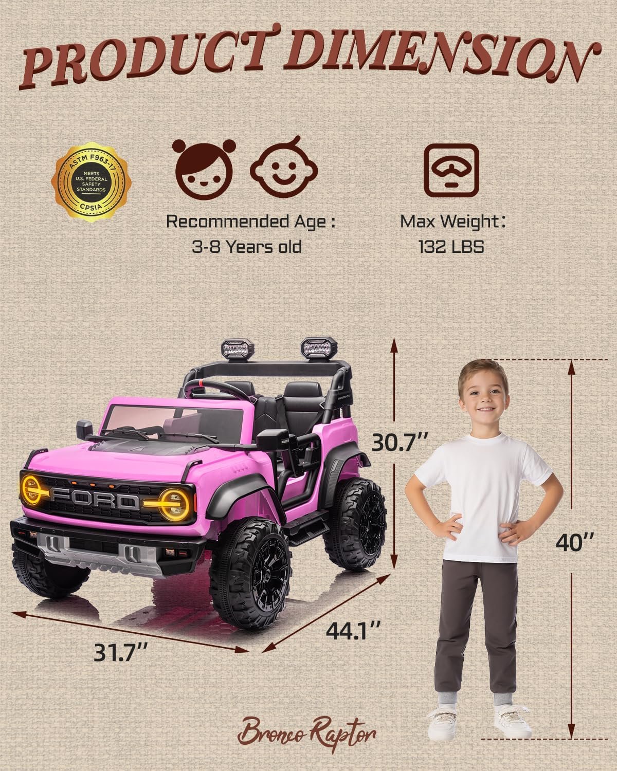 First Ride On 24V Ride on Toys for Big Kids, Licensed Ford Bronco Raptor 2 Seater Ride on Cars with Remote Control, Ride on Truck w/ 4-Wheeler Suspension, 3 Speeds, Led Lights, Bluetooth (24V, Pink) - Image 2