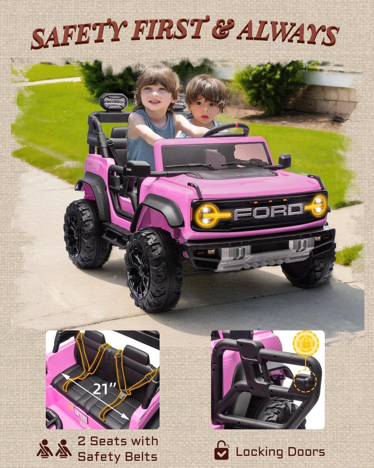 First Ride On 24V Ride on Toys for Big Kids, Licensed Ford Bronco Raptor 2 Seater Ride on Cars with Remote Control, Ride on Truck w/ 4-Wheeler Suspension, 3 Speeds, Led Lights, Bluetooth (24V, Pink) - Image 7